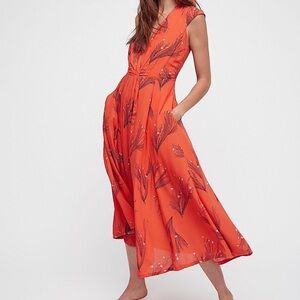 Vintage Free People Midi Dress Orange Floral Size 2
